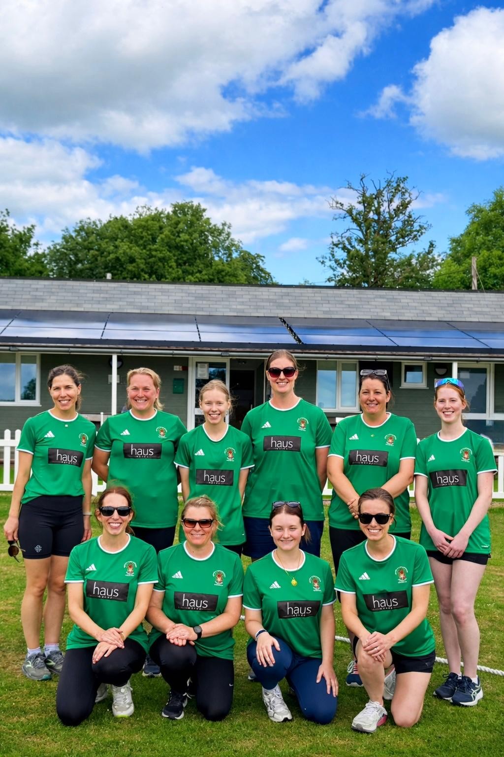 Ampfield and North Baddesley Ladies' Cricket Team wearing Haus Maids sponsored shirts